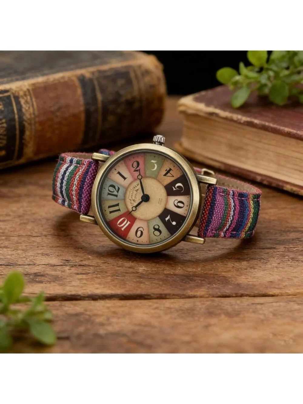 Women's Purple Creative Multicolor Woven Strap Fashion Rainbow Pattern Watches